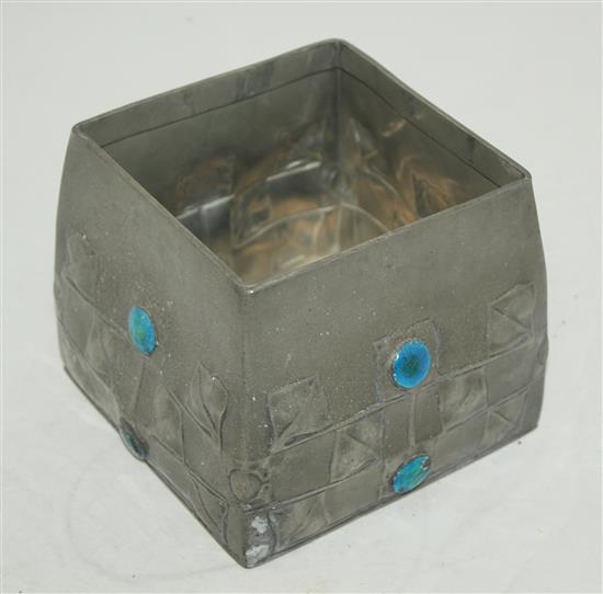 A Liberty English pewter biscuit box, designed by Archibald Knox, W.6in.